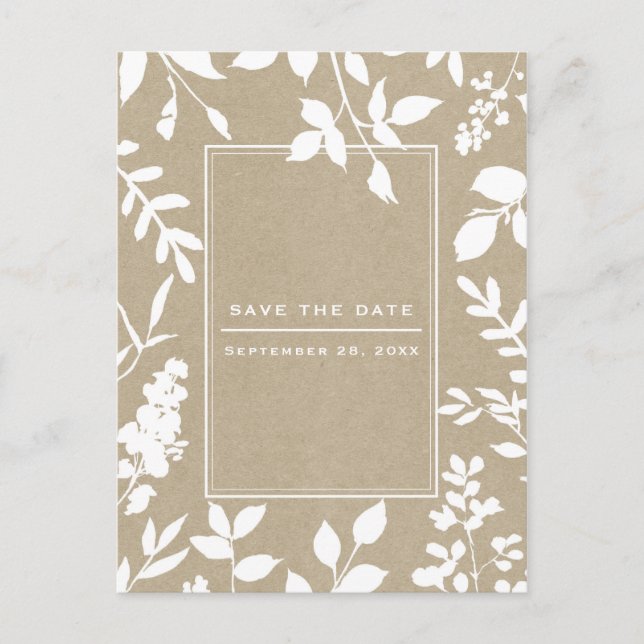 White Botanical Leaves Simple Rustic Save the Date Announcement Postcard (Front)