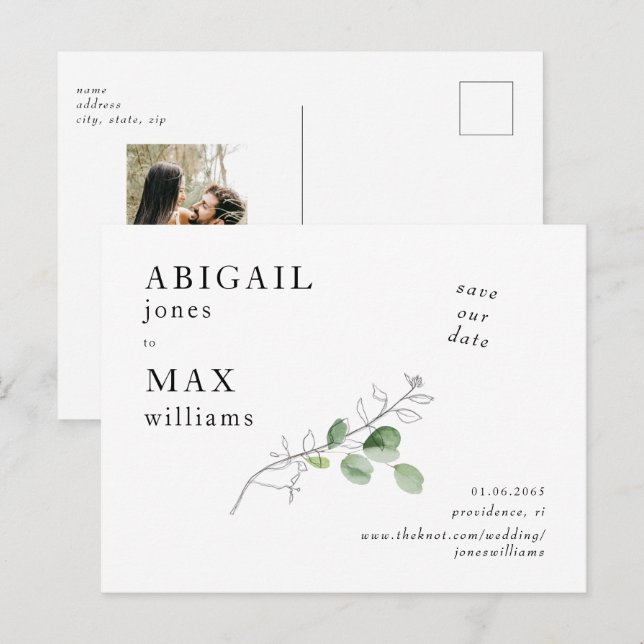 White Botanical Photo Wedding Save our Date Postcard (Front/Back)