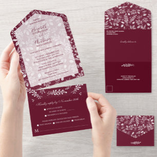 White Botanicals Burgundy No Envelopes Wedding All In One Invitation