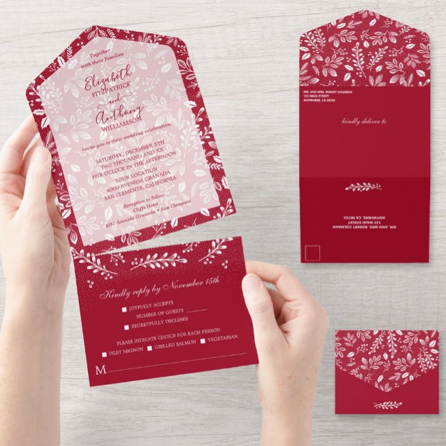 White Botanicals Cranberry No Envelopes Wedding All In One Invitation (Creator Uploaded)