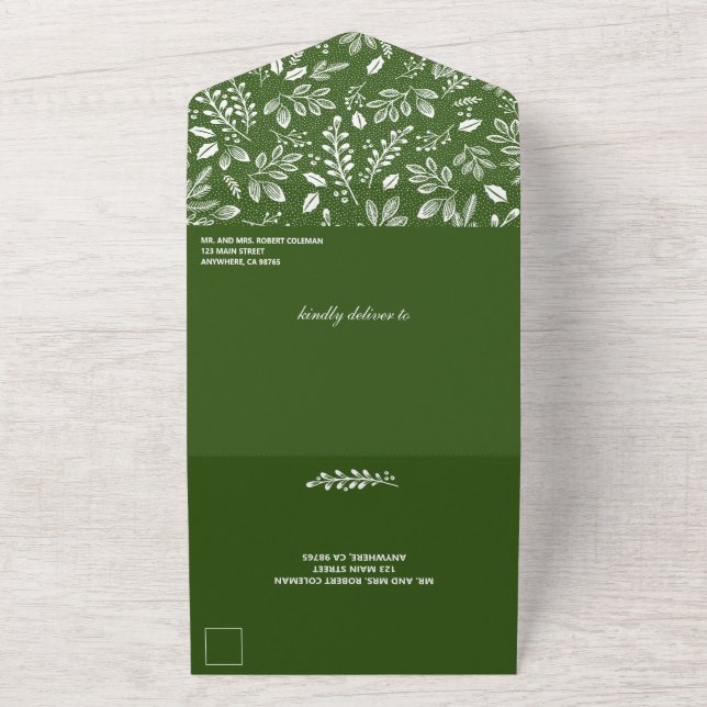 White Botanicals Green No Envelopes Wedding All In One Invitation (Outside)