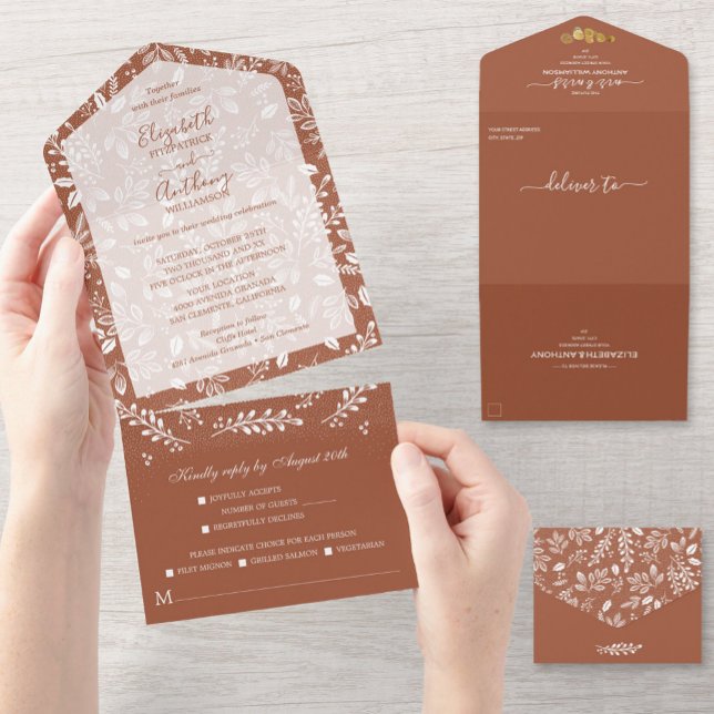 White Botanicals No Envelopes Terracotta Wedding All In One Invitation (Creator Uploaded)