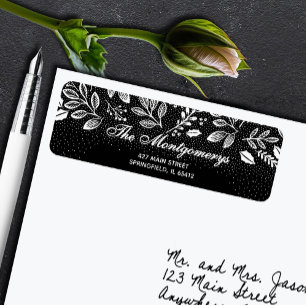 White Botanicals on Black Return Address Label