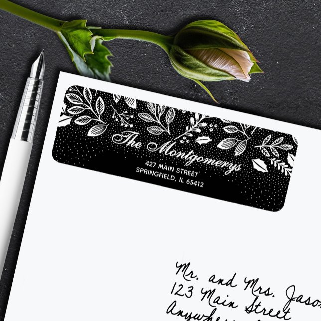 White Botanicals on Black Return Address Label (White botanical leaves and dots on black return address labels)