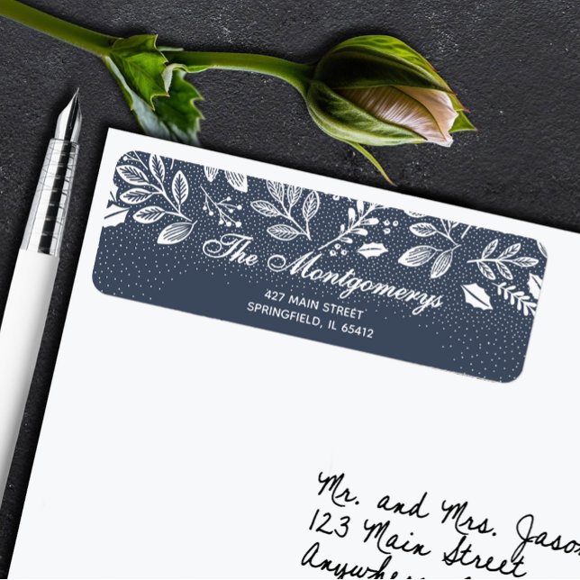White Botanicals on Blue Return Address Label (White botanicals on blue return address labels)