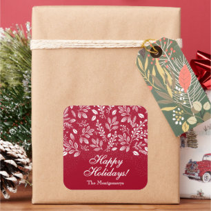 White Botanicals on Cranberry Happy Holidays Square Sticker