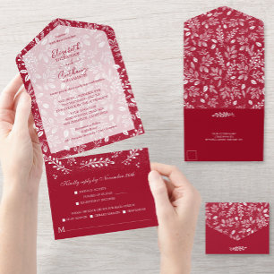White Botanicals on Cranberry Wedding All In One Invitation