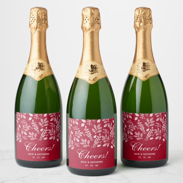 White Botanicals on Cranberry Wedding Sparkling Wine Label (Bottles)