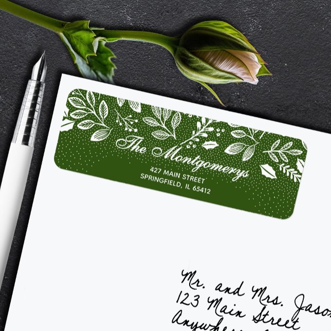 White Botanicals on Green Return Address Label (White botanical leaves and dots on green return address labels)