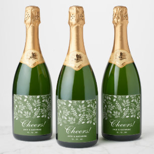 White Botanicals on Green Wedding Sparkling Wine Label