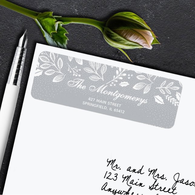 White Botanicals on Grey Return Address Return Address Label (White botanicals on silver grey return address labels)