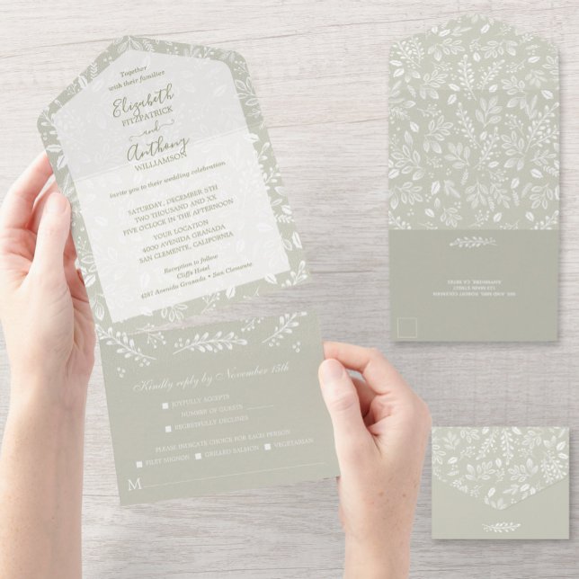 White Botanicals on Pale Green Wedding All In One Invitation (Creator Uploaded)