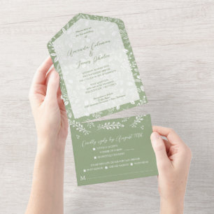 White Botanicals on Sage Green Wedding All In One Invitation