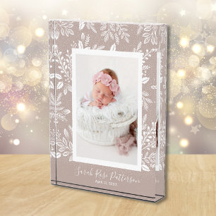White Botanicals on Taupe Custom Name Photo Block