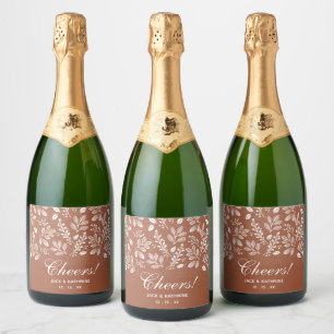 White Botanicals on Terracotta Wedding Sparkling Wine Label