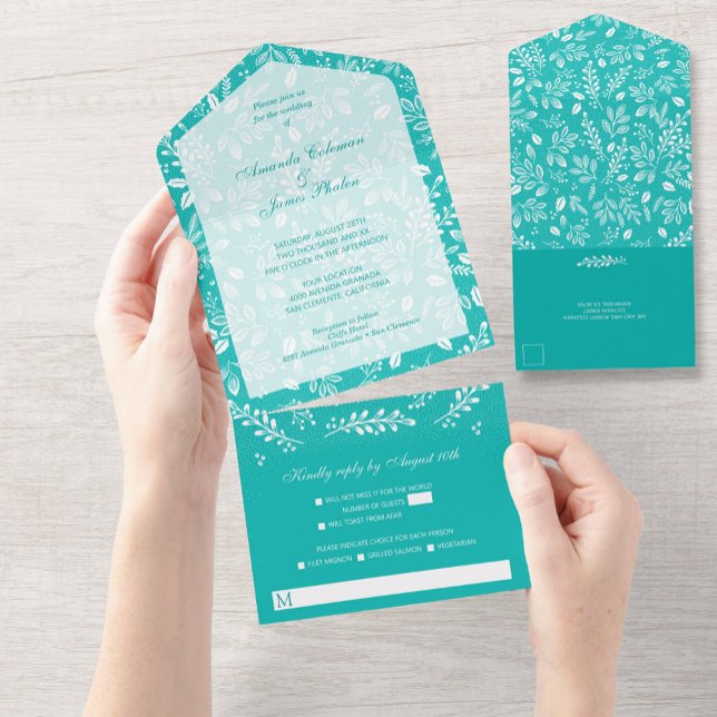 White Botanicals on Turquoise All In One Invitation (Creator Uploaded)