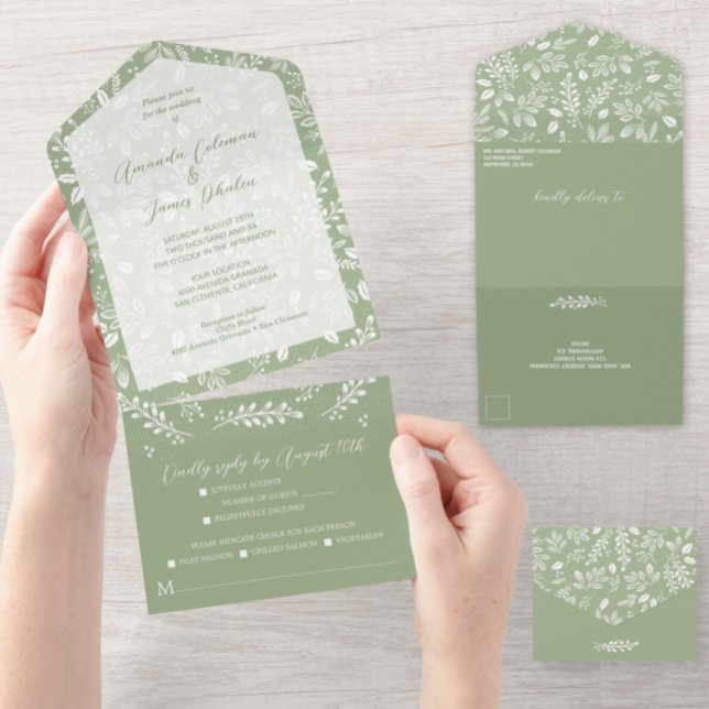 White Botanicals Sage Green No Envelopes Wedding All In One Invitation (Creator Uploaded)