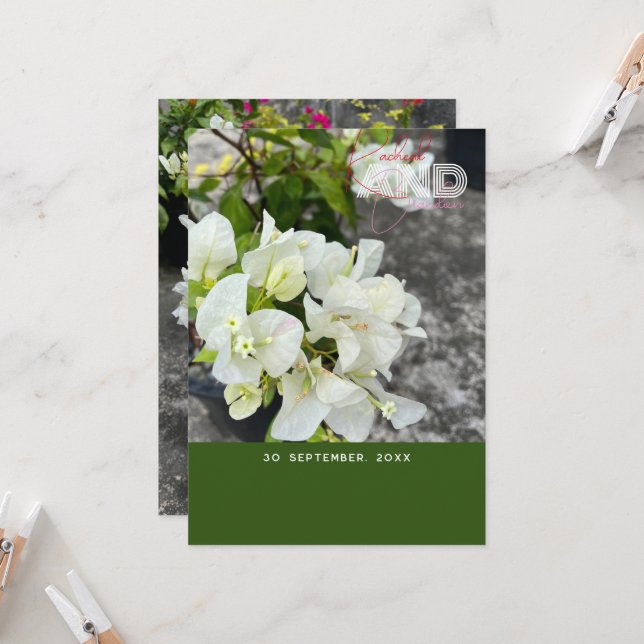 white bougainvillea or paperflower white as snow invitation (Front/Back In Situ)