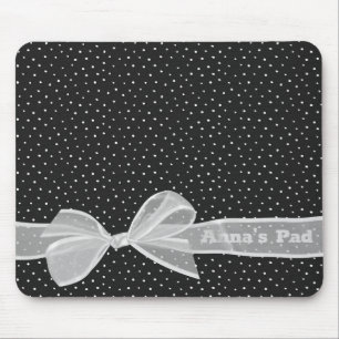 White Bow and Ribbon On Dots with Name Mouse Pad