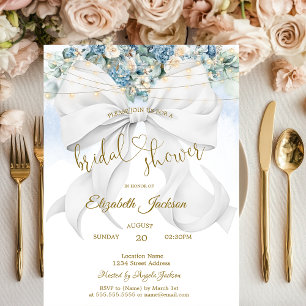 White Bow Blue Flowers String Lights Bridal Shower Invitation