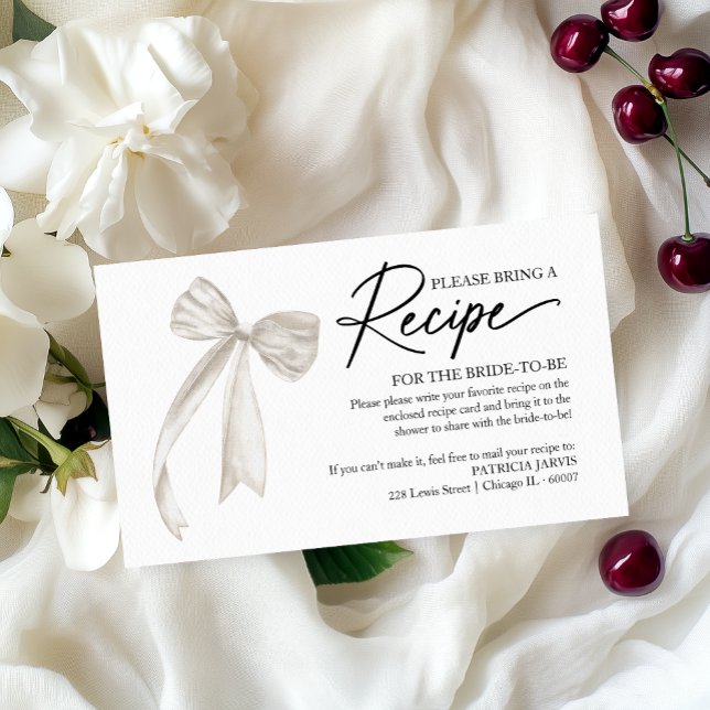 White Bow Bridal Shower Recipe Request Enclosure Card (Creator Uploaded)