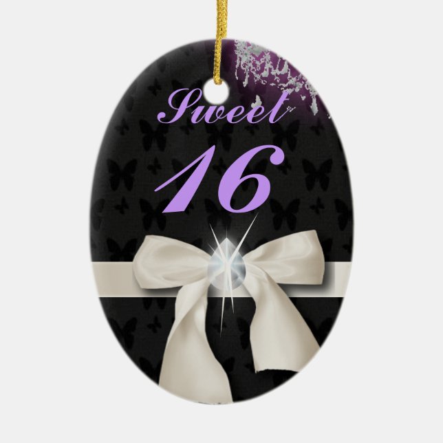 white bow diamond chandelier sweet sixteen ceramic ornament (Front)