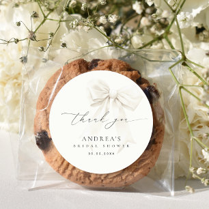 White Bow Elegant Script Bridal Shower Thank You Classic Round Sticker