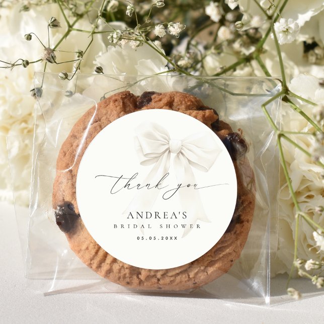 White Bow Elegant Script Bridal Shower Thank You Classic Round Sticker (Creator Uploaded)