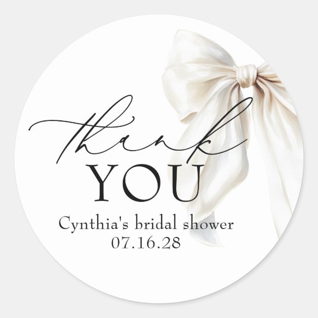 White Bow Favours Bridal Shower Thank You  Classic Round Sticker (Front)