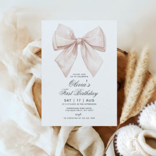 White Bow First Birthday Invitation