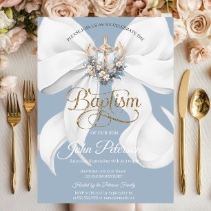 White Bow Floral Cross Baptism Dusty Blue Invitation