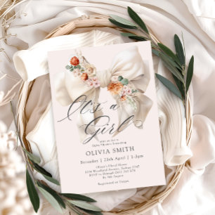 White Bow Its a Girl Floral Baby Shower Invitation