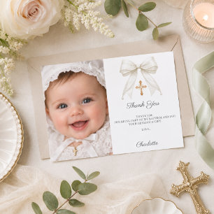 White bow photo pearls girl Baptism Thank You Card