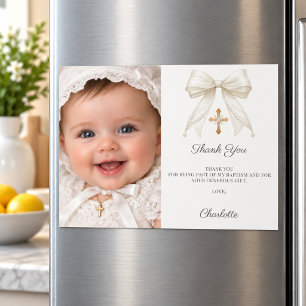White bow photo pearls girl Baptism Thank You Card
