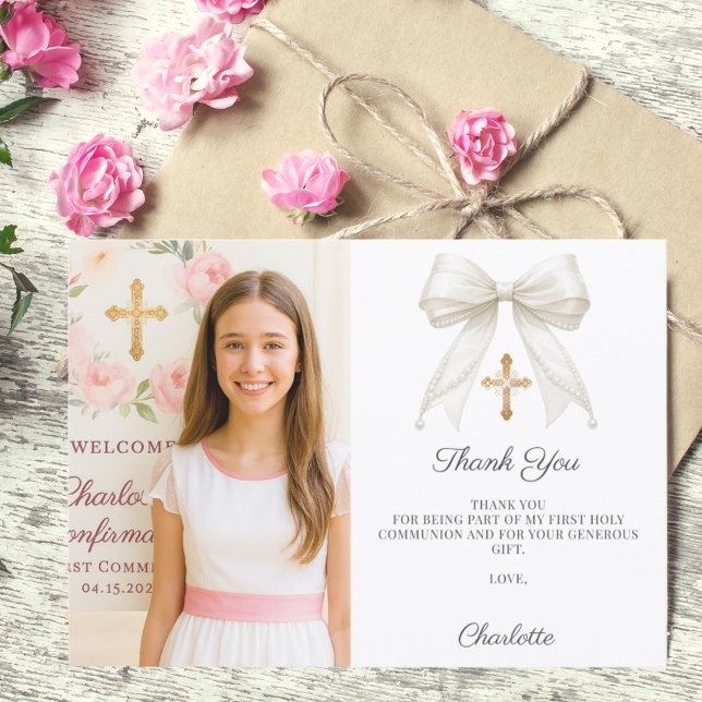 White bow photo pearls girl Confirmation Thank You Card (Creator Uploaded)