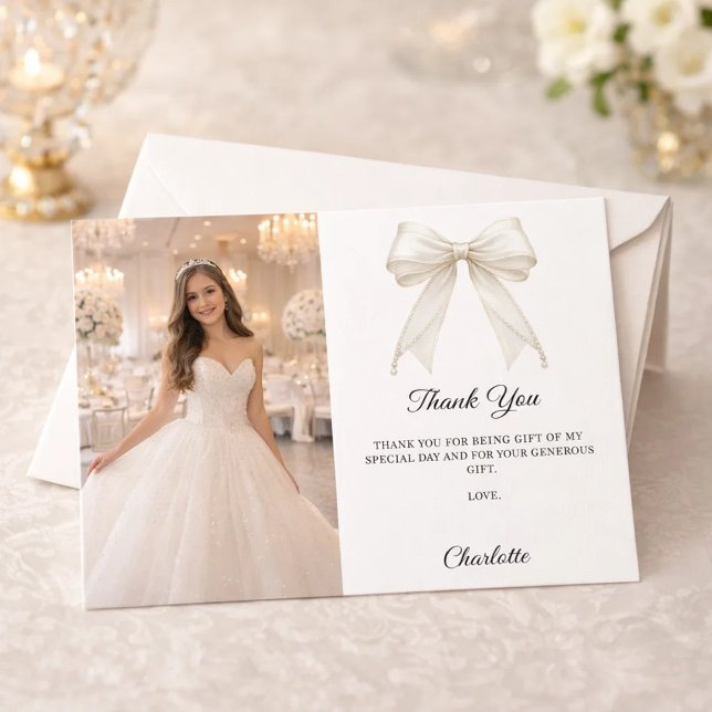 White bow photo pearls girl Sweet 16 Thank You Card (Creator Uploaded)
