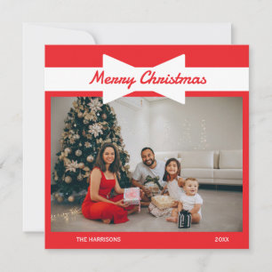 White Bow Photo Red Christmas Holiday Card