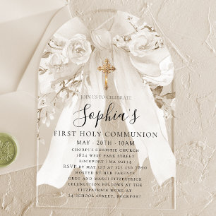 White Bow Rose Floral Girl First Communion Arch Acrylic Invitations