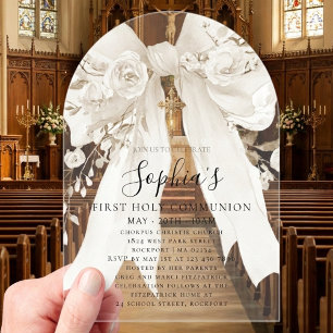 White Bow Rose Floral Girl First Communion Arch Acrylic Invitations
