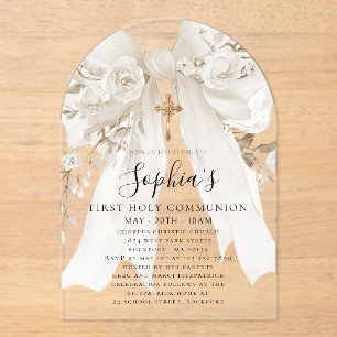 White Bow Rose Floral Girl First Communion Arch Acrylic Invitations