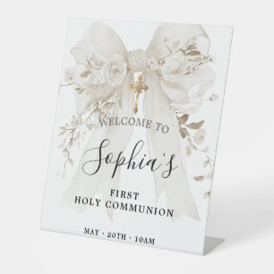 White Bow Rose Floral Girl First Communion Pedestal Sign