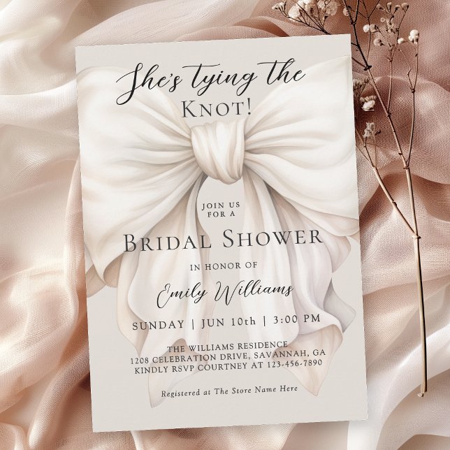 White Bow She's Tying the Knot Bridal Shower Invitation (Available in both printed and instant download digital formats for your convenience!)