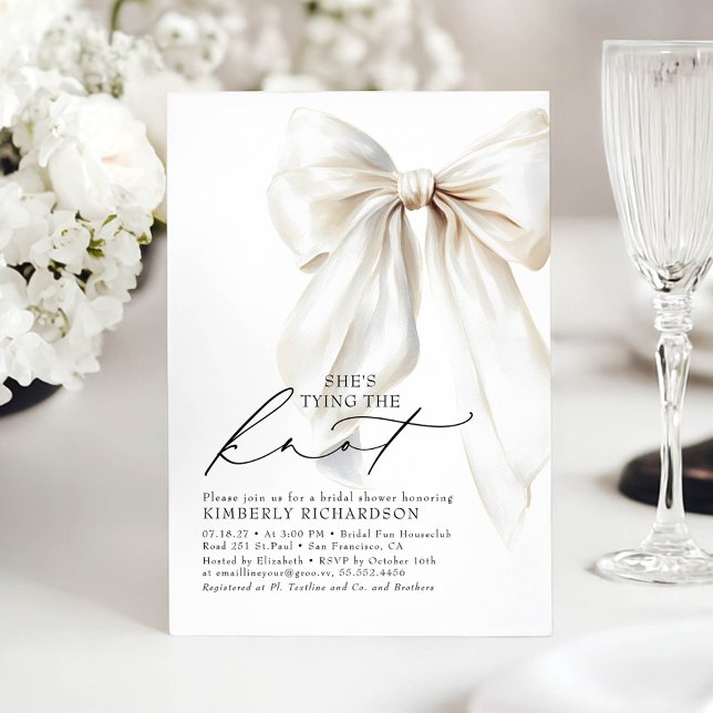 White Bow She's Tying the Knot Bridal Shower Invitation (White Bow Bridal Shower Invitation)