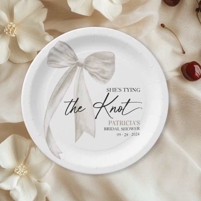 White Bow She's Tying the Knot Bridal Shower Paper Plate (Creator Uploaded)