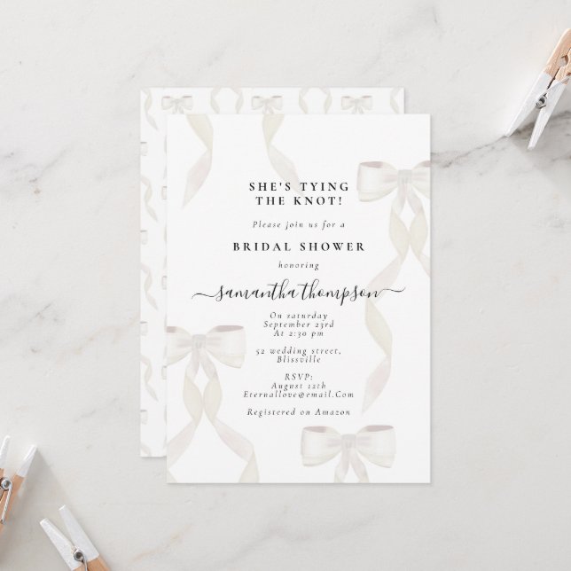White Bow She's Tying the Knot Bridal Shower Party Invitation (Front/Back In Situ)