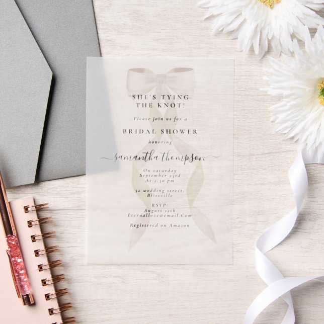 White Bow She's Tying the Knot Bridal Shower Party Vellum Invitations (Wedding)