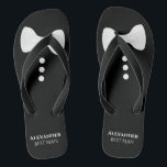 White Bow Tie on Black Cute Fun Best Man Wedding Thongs<br><div class="desc">These fun flip flops are a great way to thank the best man at your wedding. They feature a cute mock tuxedo design with a white bow tie and buttons at the top and his name and title below.</div>