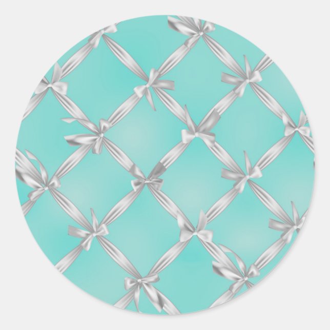 White Bows Turquoise Robin's Egg Blue Bridal Party Classic Round Sticker (Front)