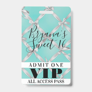 White Bows Turquoise Sweet 16 Party VIP Pass Badge ID Badge