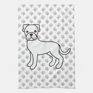 White Boxer Cute Cartoon Dog & Paws Tea Towel